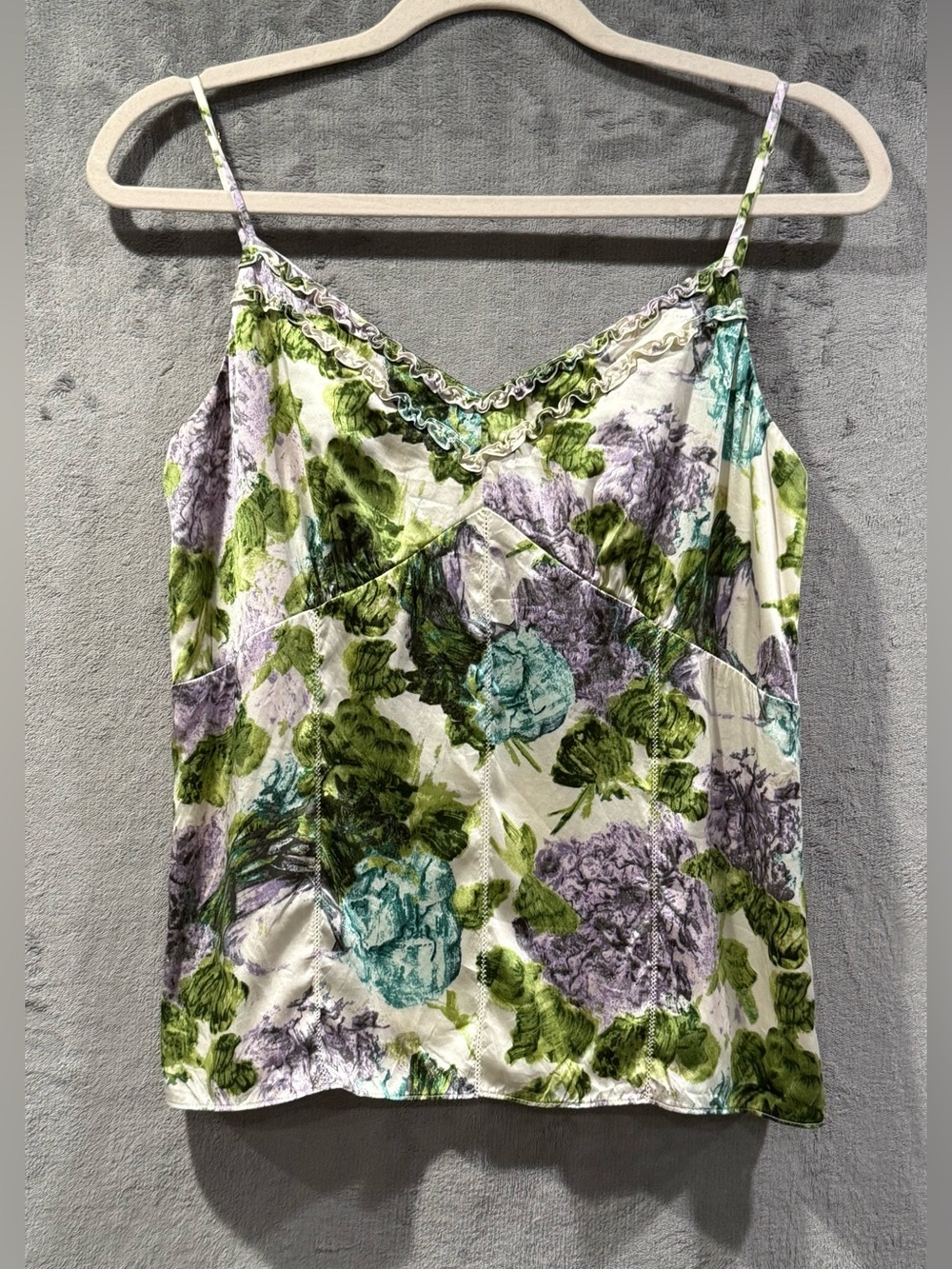 Ann Taylor 100% Silk Floral Lined Tank Camisole Top Size 10 Ruffle Neckline